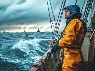 Fisherman in waterproof overalls on a fishing boat on the high seas