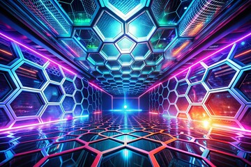 Fototapeta premium Futuristic Technology Background with Neon Hexagon Glow and Dynamic Lines for Business Themes in a Panoramic View to Inspire Innovation and Creativity