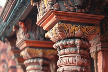 Fototapeta premium Ornate carved pillars supporting traditional nepalese temple architecture