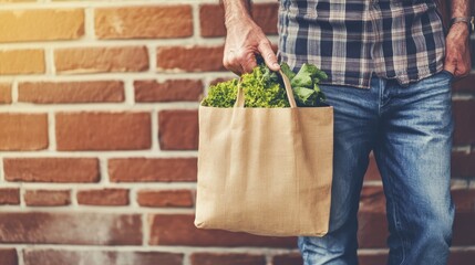 Man holding reusable grocery bag with fresh produce against brick wall.