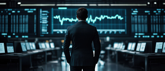 Fototapeta premium A businessman analyzing stock market data in a high-tech office environment, showcasing modern finance technology.