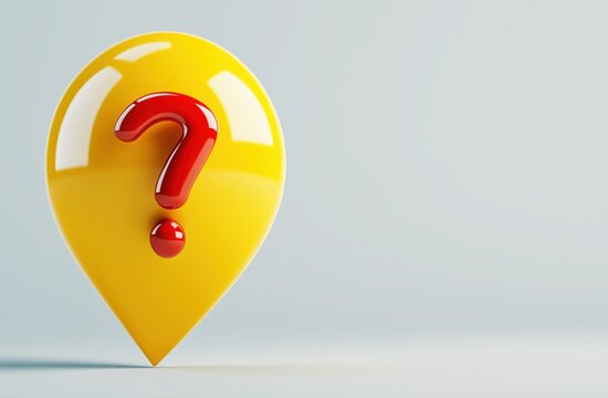 A vibrant yellow location pin with a prominent red question mark, symbolizing inquiry or uncertainty in a spatial context.