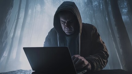 Man in a hooded jacket, working on a laptop in a foggy forest.