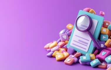 A colorful arrangement of social media icons and a magnifying glass on a document, set against a purple background, symbolizing digital marketing analysis.