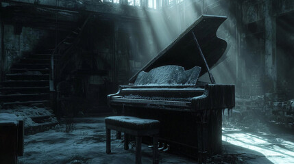 An eerie scene of an old piano in a factory, covered in dust, faint light from cracked walls.