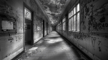 An eerie school cloaked in darkness, its corridors lined with peeling paint and whispers of forgotten lessons.