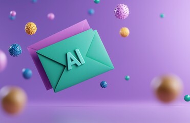 A colorful envelope with "AI" prominently displayed, surrounded by decorative spheres against a vibrant purple background.