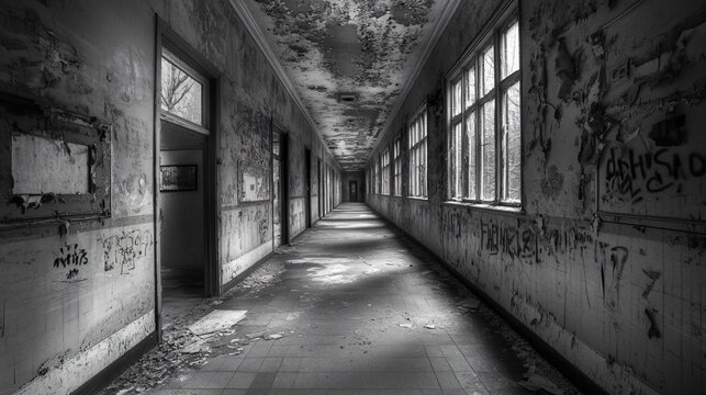 An eerie school cloaked in darkness, its corridors lined with peeling paint and whispers of forgotten lessons.