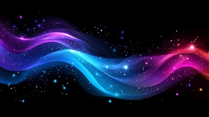 Obraz premium Abstract colorful glowing waves with sparkles on black background.