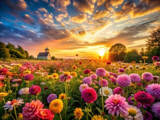 Fototapeta premium Golden Hour Blooms - A Serene Field of Delicate Flowers Illuminated by Sunset Light, Capturing Nature's Beauty in Architectural Photography