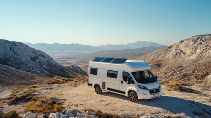 Obraz premium Camper van parked on mountaintop enjoying the view