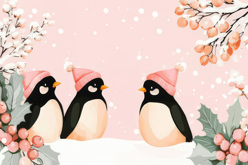 Fototapeta premium Three Cute Birds in Winter Wonderland, Perfect for Holiday Decor, christmas background, christmas card template