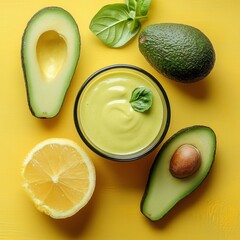 Avocado smoothie ingredients aesthetic presentation on a bright yellow background