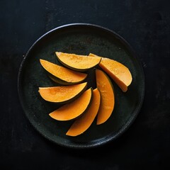 Visual art concept kabocha slice display on dark plate in minimalist food photography