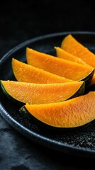 Artistic kabocha slice display close-up on dark plate with visual appeal and texture