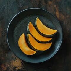 Artistic kabocha slices on dark plate minimalist food photography & gourmet aesthetics
