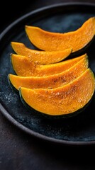 Artistic presentation of kabocha squash minimalist display on dark plate with colorful slices