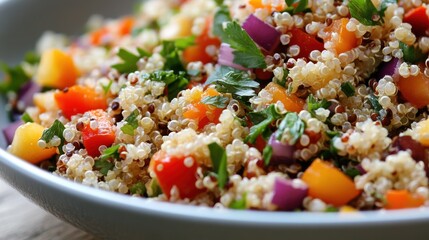 Healthy eating inspiration colorful quinoa salad with fresh veggies in a bright kitchen