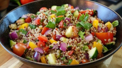 Culinary delight preparing quinoa salad with fresh vegetables in a bright atmosphere