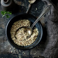 Close-up photography of raw quinoa in a rustic kitchen setting for healthy eating