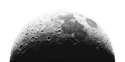 Semicircular moon surface with craters and shadows, isolated on transparent cutout background
