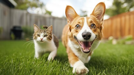 Relationship of Dog and Cat Together Concept, Playful Dog and Cat Chasing Each Other in a Sunny Backyard Environment