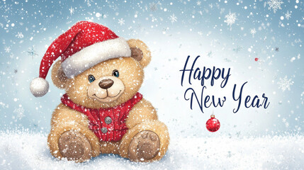 Christmas themed cute teddy bear vector illustration.Christmas Greeting Card with Santa Claus.Happy new year lettering.T-shirt Graphics.New Year Cards.Cute teddy bear graphic design with gift box.
