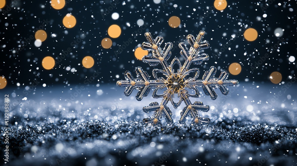 Poster A sparkling snowflake against a blurred background of golden bokeh and falling snow.