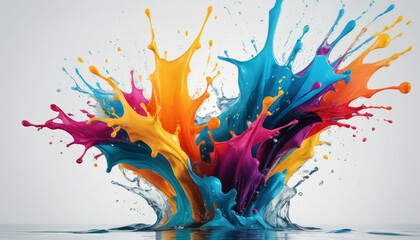 Colorful water splash, energetic and lively, bursting with vibrant colors against a light background