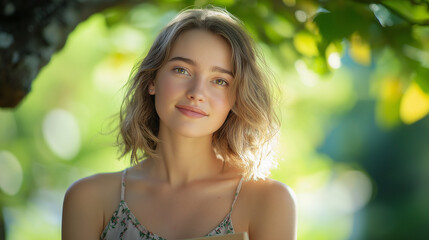 A young woman smiling softly in a sunlit garden, exuding warmth and tranquility.