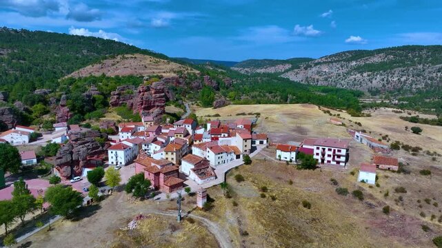 Landscape in Chequilla, Cabrillas river surroundings. Aerial view from drone. Molina Alto Tajo Geopark. Alto Tajo Natural Park. Guadalajara. Castilla la Mancha. Spain. Europe. Rewilding Europe