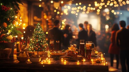 Obraz premium Group of people enjoying festive Christmas dinner with glowing tree in the background