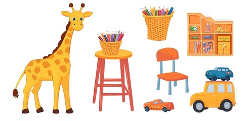 kindergarten interior design furniture and toys, including wooden table, chair, bookshelf, and education equipment.