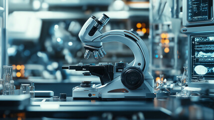 Fototapeta premium Close-up of a modern microscope in a high-tech laboratory environment.
