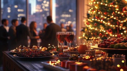 Family gathered for Christmas dinner around glowing decorations