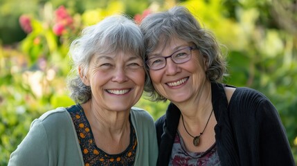 Smiling older women outdoors in nature, happy senior friendship and joyful moments