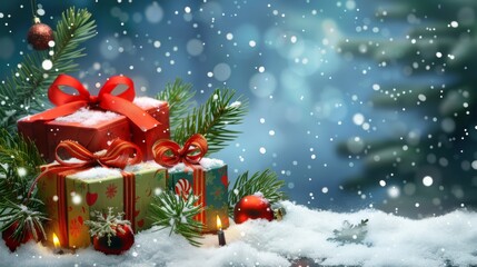 Festive red and green Christmas gifts with bows, surrounded by pine branches, snowflakes, and ornaments, set in a snowy winter scene