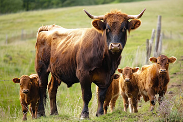 Fototapeta premium Heck cattle grazing peacefully in lush green pasture during daytime in rural setting
