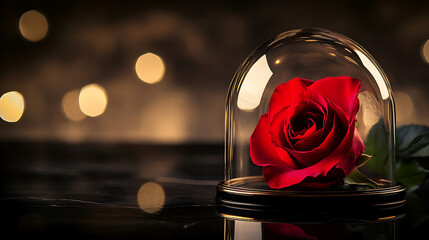 red rose encased in glass dome, symbolizing love and beauty