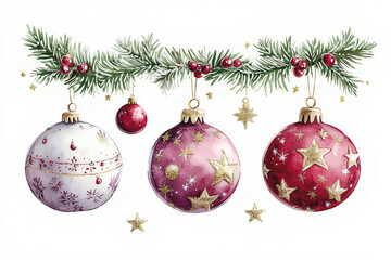 Watercolor Christmas Ornament Illustration with Fir Branches and Berries, space for text, invitation template