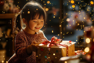 a young girl opens christmas gifts on christmas eve