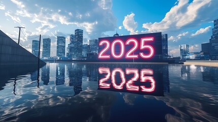 A breathtaking view of a futuristic city skyline, with the year "2025" appearing in bold, neon letters reflected in a sparkling body of water.