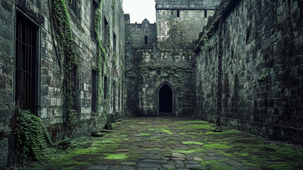 Obraz premium An empty castle courtyard covered in moss, where ivy crawls up ancient stone walls. The sound of distant chains echoes softly.