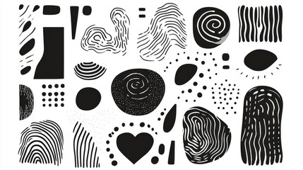 Set organic grunge bold shapes, curved lines and dots. Geometric vector set in Memphis style. Grunge swirled brush stroke, curly and straight lines. Hand drawn geometric pattern. 