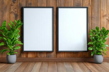 Two empty photo frames on a wooden wall with lush green potted plants, creating a serene and inviting atmosphere. trending mockup design