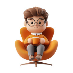 Fototapeta premium A cartoon character with glasses sits comfortably in a stylish orange chair, holding a cup, exuding a cozy and relaxed vibe.