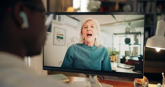 Computer screen, online meeting and manager with employee in office for probation review or feedback. Video call, technology and person on virtual discussion with businesswoman on pc in workplace.