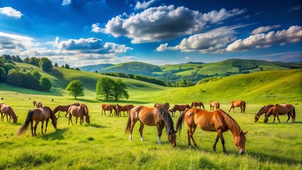 Obraz premium Herd of Grazing Brown Oldenburger Horses in a Beautiful Meadow on a Sunny Day in the Rural Countryside, Enjoying Fresh Green Grass in a Picturesque Pasture Setting