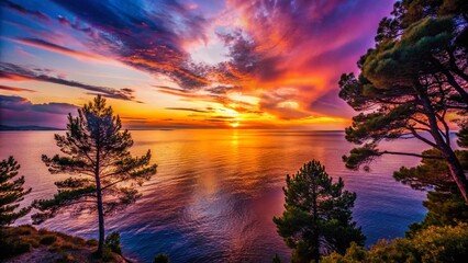 Fototapeta premium High Angle View of Silhouetted Trees Against the Serene Sea at Sunset, Capturing Nature's Tranquility and the Beauty of Coastal Landscapes