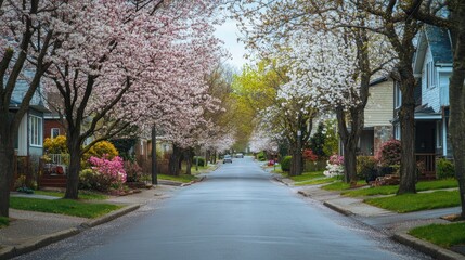 Spring blossoms line a residential street.